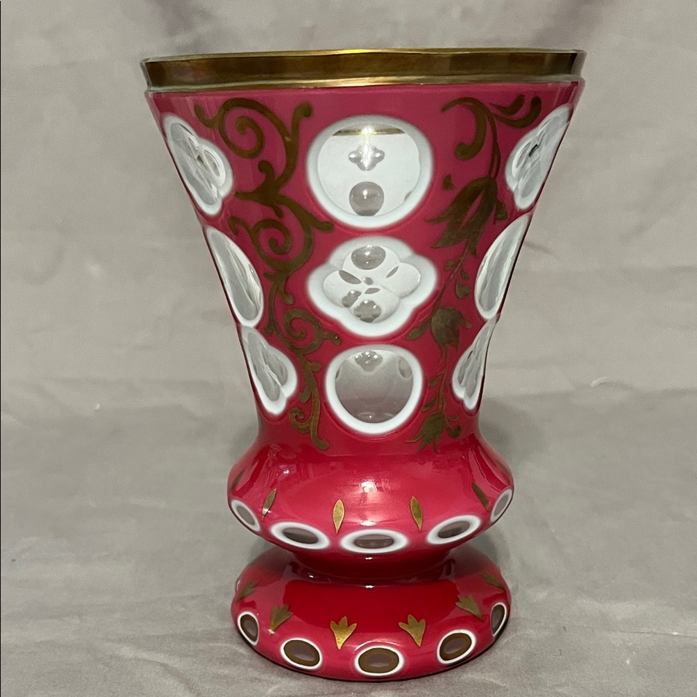 Bohemian or Czech cameo glass vase with a cut-to-red design and gilt decoration